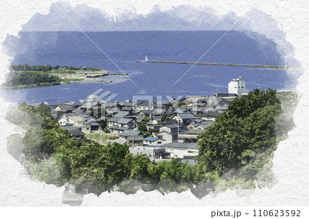 水彩画風　三国湊の町並み　九頭竜川河口　福井県坂井市 110623592