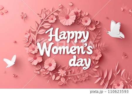 AI-generated content. International women's day concept - white and pink flowers in paper cut out style on solid pink background 110623593