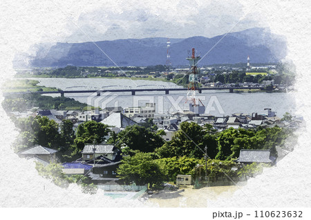 水彩画風　三国湊の町並み　九頭竜川新保橋　福井県坂井市 110623632