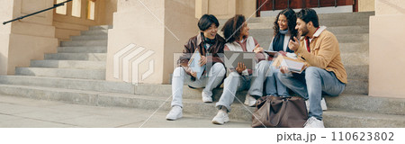 Happy students sitting on stairs, looking at laptop and discussing their project together Happy students sitting on stairs, looking at laptop and discussing their project together 110623802