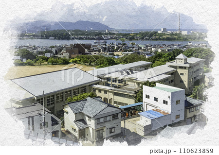 水彩画風　三国湊の町並み　坂井市立三国北小学校　福井県坂井市 110623859