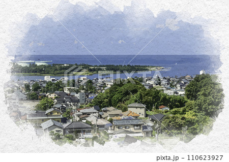 水彩画風　三国湊の町並み　三国町滝谷周辺　福井県坂井市 110623927