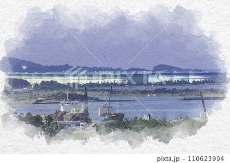 水彩画風 三国湊の町並み 石油備蓄タンク 福井県坂井市 水彩画風 三国湊の町並み 石油備蓄タンク 福井県坂井市 110623994