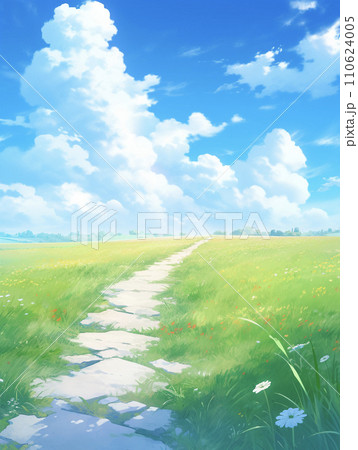 青空と草原と地平線が広がる風景 AI画像 青空と草原と地平線が広がる風景 AI画像 110624005