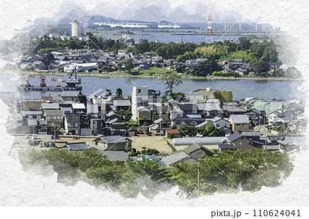 水彩画風　三国湊の町並み　滝谷出村周辺　福井県坂井市 110624041