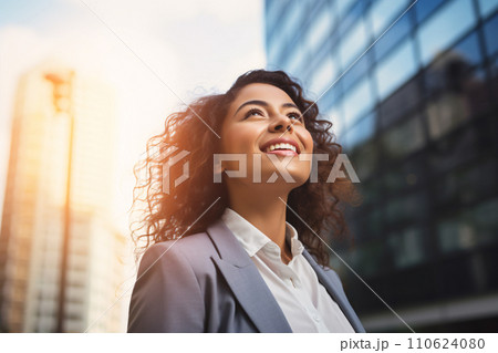Happy young Hispanic business woman standing outside modern office building. Portrait of professional businesswoman. Office worker looking up to the sky and smiling. Entrepreneur. Generative AI. Happy young Hispanic business woman standing outside modern office building. Portrait of professional businesswoman. Office worker looking up to the sky and smiling. Entrepreneur. Generative AI. 110624080
