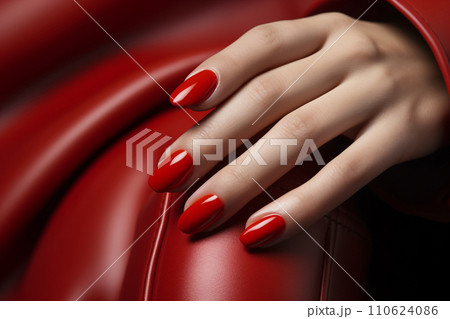 Glamour woman hand with classic red nail polish on her fingernails. Red nail manicure with gel polish at luxury beauty salon. Nail art and design. Female hand model. French manicure. Generative AI. Glamour woman hand with classic red nail polish on her fingernails. Red nail manicure with gel polish at luxury beauty salon. Nail art and design. Female hand model. French manicure. Generative AI. 110624086