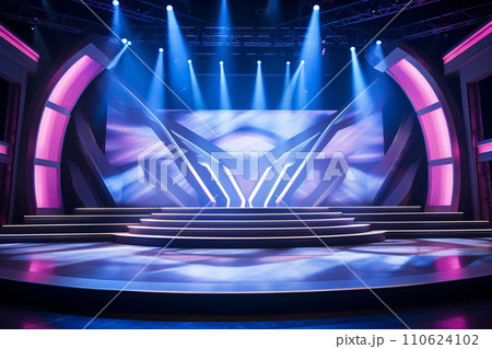Modern dance stage light background with spotlight illuminated for modern dance production stage. Empty stage with dynamic color washes. Stage lighting art design. Entertainment show. Generative AI. 110624102