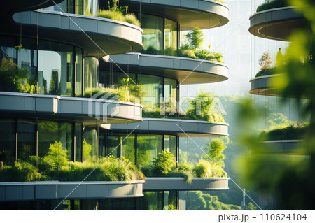 Sustainable green building. Eco-friendly building. Sustainable glass office building with tree for reducing carbon dioxide. Office with green environment. Corporate building reduce CO2. Generative AI. 110624104