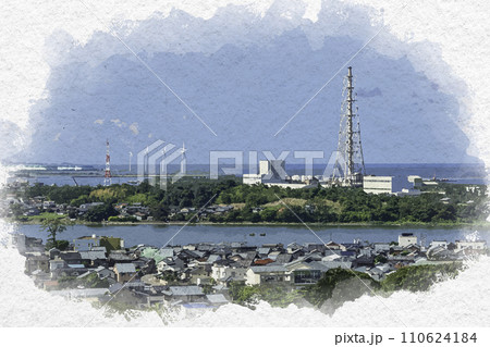 水彩画風　三国湊の町並み　北陸電力福井火力発電所　福井県坂井市 110624184