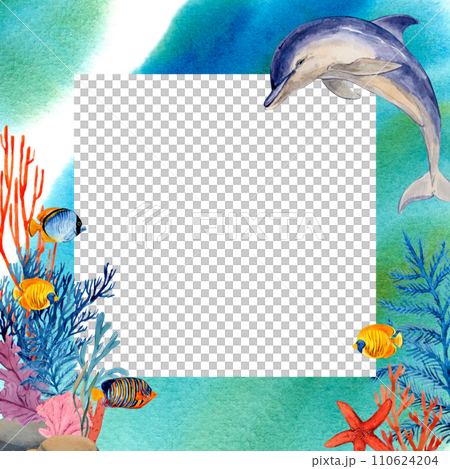Square frame with tropical bright fish, corals and dolphins. Watercolor illustration with sea splashes and paint stains. For cards, posters, menus, beach and sea accessories. Ocean themed invitations. Square frame with tropical bright fish, corals and dolphins. Watercolor illustration with sea splashes and paint stains. For cards, posters, menus, beach and sea accessories. Ocean themed invitations. 110624204