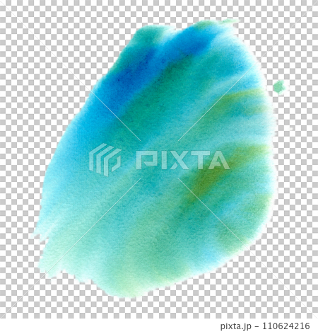 Watercolor stain with paper texture. Abstract spot in the colors of the sea. Soft transitions of blue, turquoise and green, imitation of ocean water. Illustration of paint splashes. Watercolor stain with paper texture. Abstract spot in the colors of the sea. Soft transitions of blue, turquoise and green, imitation of ocean water. Illustration of paint splashes. 110624216