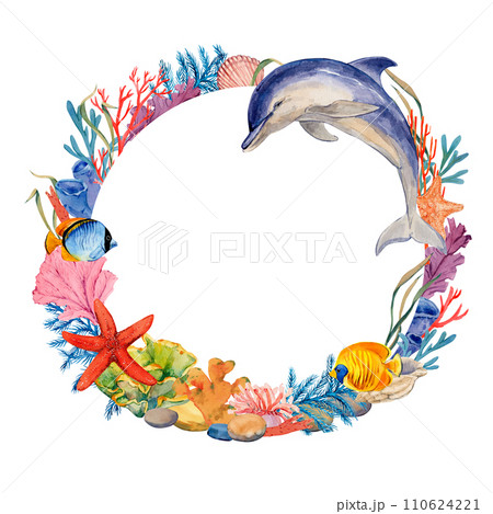 Wreath of sea animals. Watercolor round frame made of corals, algae, fish, dolphin. Clipart for design in tropical style. Wreath of sea animals. Watercolor round frame made of corals, algae, fish, dolphin. Clipart for design in tropical style. 110624221