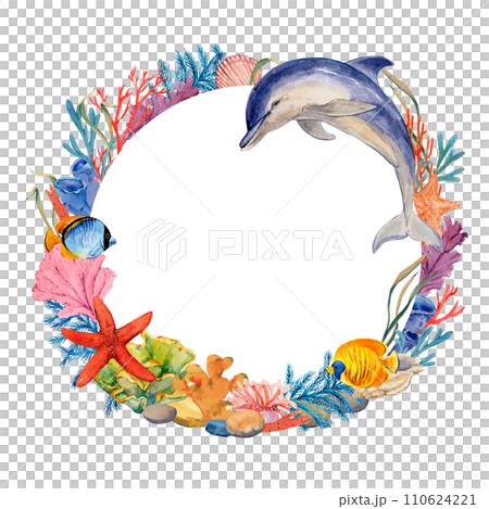Wreath of sea animals. Watercolor round frame made of corals, algae, fish, dolphin. Clipart for design in tropical style. Wreath of sea animals. Watercolor round frame made of corals, algae, fish, dolphin. Clipart for design in tropical style. 110624221