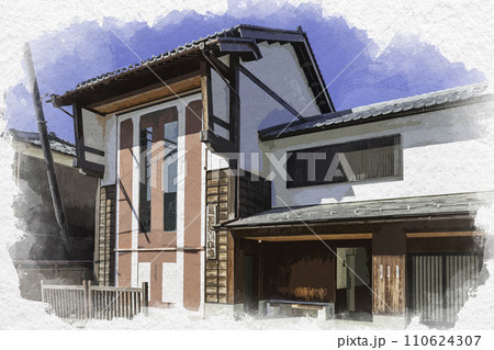 水彩画風　三国湊　三國神社門前の三国祭山車蔵　福井県坂井市 110624307