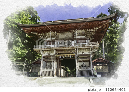 水彩画風　三國神社　随身門　福井県坂井市 110624401