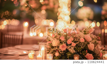 きらめくライトとハートの装飾が施された、温かみのあるロマンチックな雰囲気。ホテル、結婚式場のイメージ 110624441