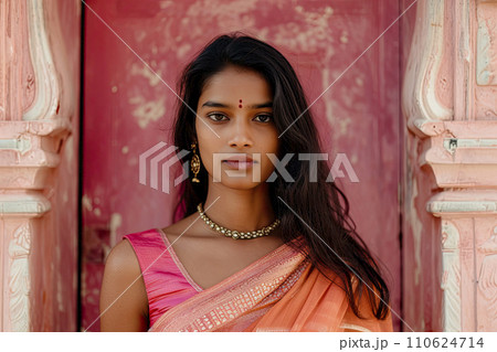 portrait of a young beautiful indian woman with sari 110624714