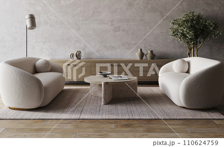 Contemporary living room with plush white armchairs and wooden accents Contemporary living room with plush white armchairs and wooden accents 110624759