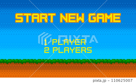 Start New Game background with player selection. 8-bit game. Retro arcade style menu. Green grass against blue sky. Vector illustration GUI. Start New Game background with player selection. 8-bit game. Retro arcade style menu. Green grass against blue sky. Vector illustration GUI. 110625007