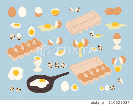 Chicken and quail eggs set. Raw, boiled and fried with broken and whole shell. Flat vector isolated illustration 110625087