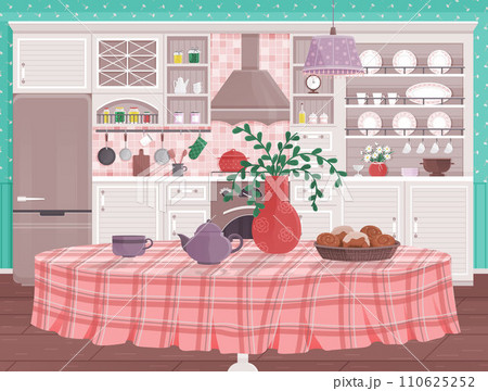 Kitchen interior vector illustration. Stylish decoration and cookware turn domestic kitchen into culinary haven A comfy kitchen interior concept fosters warm atmosphere for family gatherings 110625252