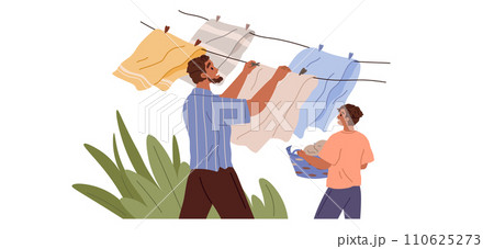 Man hanging out wet clothes. Clothing and garment care concept. Guy drying, washing, laundrying. Male character holding clothes pin vector illustration. Time for professional cleaning of apparel Man hanging out wet clothes. Clothing and garment care concept. Guy drying, washing, laundrying. Male character holding clothes pin vector illustration. Time for professional cleaning of apparel 110625273