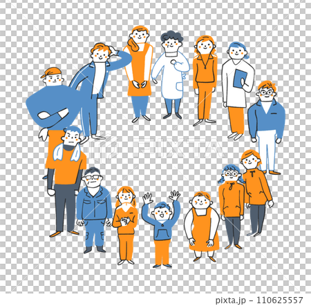 輪を描いて立つ小学生から中高年までの身軽な身なりをした市井の人々　ボランティア　イラスト素材 110625557