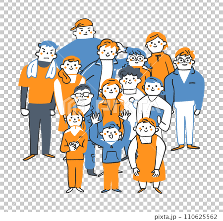 Volunteer illustration material of casually dressed city people from elementary school students to middle-aged and elderly people standing together. 110625562