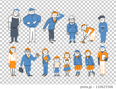 Illustrated set of ordinary people who support society from elementary school students to middle-aged and elderly people Illustrated set of ordinary people who support society from elementary school students to middle-aged and elderly people 110625566