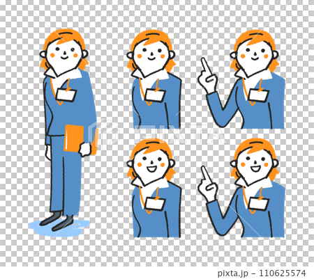 胸に身分証明書を示しているスーツ姿の女性　セット　イラスト素材 110625574