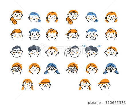 小学生から中高年までの市井の人々の喜怒哀楽の表情集　セット　イラスト素材 110625578