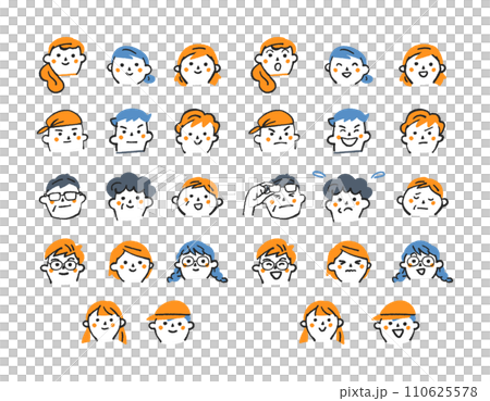 小学生から中高年までの市井の人々の喜怒哀楽の表情集　セット　イラスト素材 110625578