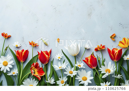 spring background with flowers on blue with...のイラスト素材 [110625766] - PIXTA