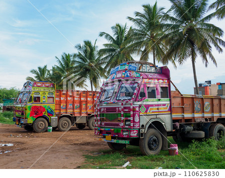 インド_カラフルな装飾を施したトラックの風景 110625830