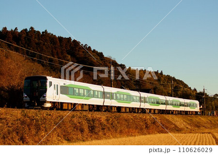 夕陽に赤く染まるE257系　特急開運成田山初詣武蔵野号 110626029