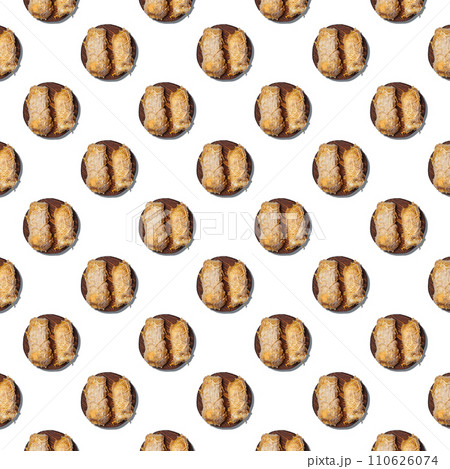 Seamless pattern of zucchini in batter, fried and baked on a wooden round board isolated on white background. Seamless pattern of zucchini in batter, fried and baked on a wooden round board isolated on white background. 110626074