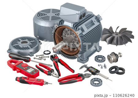 Industrial electric motor with tools. Service and repair of electric motors, 3D rendering 110626240