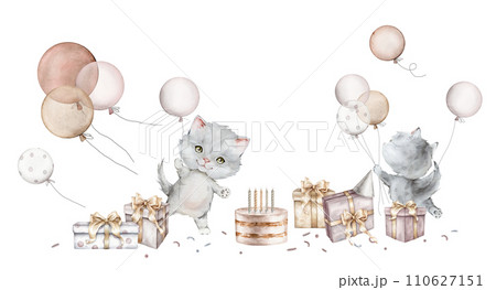Watercolor Air Balloons and isolated background and grey cat. Hand drawn illustration for greeting cards. Cake and box gif. Set for party celebration. Happy birthday decor and animal on pastel color Watercolor Air Balloons and isolated background and grey cat. Hand drawn illustration for greeting cards. Cake and box gif. Set for party celebration. Happy birthday decor and animal on pastel color 110627151