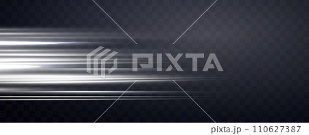 Speed rays, light neon flow, zoom in motion effect, silver glow speed lines, colorful light trails, stripes. Abstract background, vector illustration. 110627387
