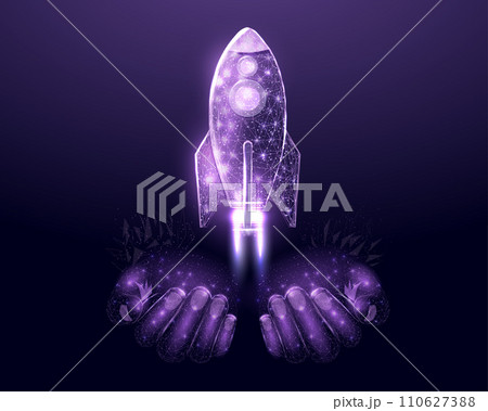 Two human hands are holds rocket. Internet technology network, business startup concept with glowing low poly rocket. Futuristic modern abstract vector illustration. 110627388