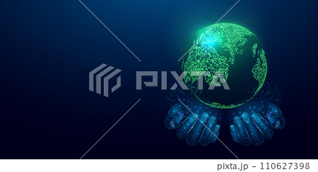 Two human hands are holds Planet Earth. Earth Day, Protection environmental, Ecology concept. Futuristic modern abstract background. Vector illustration. Two human hands are holds Planet Earth. Earth Day, Protection environmental, Ecology concept. Futuristic modern abstract background. Vector illustration. 110627398