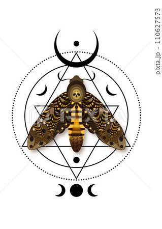 Mystical death head moth in dark brown colors. Cresent moon and wiccan triple goddess, butterfly with a skull. Sacred geometry. Alchemy, magic, esoteric, occult sign isolated on white background Mystical death head moth in dark brown colors. Cresent moon and wiccan triple goddess, butterfly with a skull. Sacred geometry. Alchemy, magic, esoteric, occult sign isolated on white background 110627573