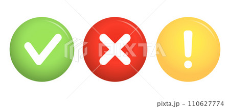 Green tick sign, red cross icon and yellow warning sign. Isolated check marks, checklist signs, approval icon. Vector 110627774