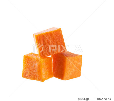 pile diced carrots isolated on white background. sliced carrots. 110627873
