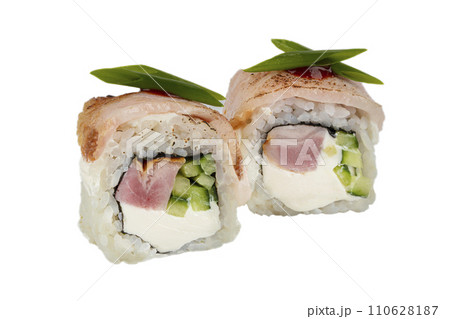 Sushi rolls on a white background. Japanese food of rice, nori seaweed, eel and Philadelphia cheese. 110628187