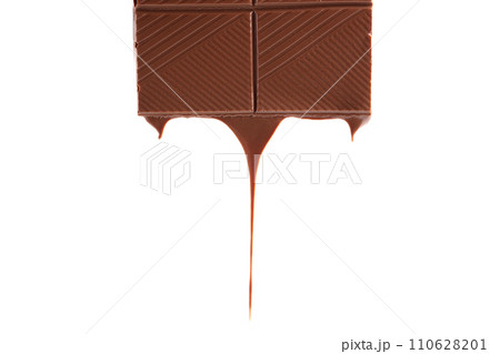 Piece of melted chocolate bar isolated on white background. Chocolate drips. 110628201