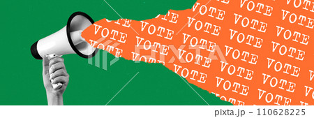 Female hand holding megaphone with flow of word vote. Importance to vote for candidate. Contemporary art collage 110628225