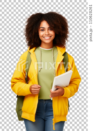 AI-generated content. A Student Woman in a Yellow Jacket Holding a Tablet 110628261