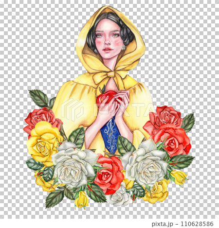 Composition with girl with dark hair in yellow raincoat with apple in her hands and flowers. Hand drawn watercolor illustration based on fairy tale. Can be used for poster, t-shirt printing, post card 110628586